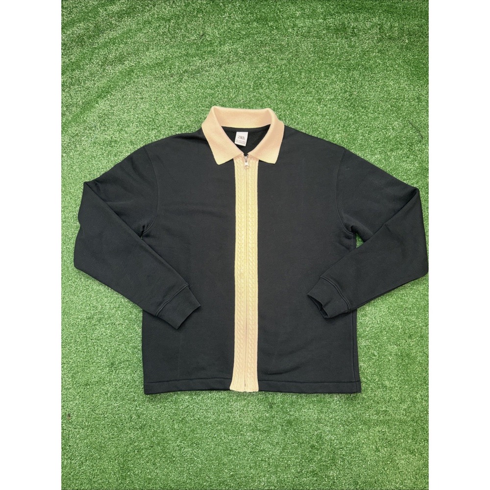 Zara‎ Blue Tan Contrast Zip Polo Sweater Men's Small